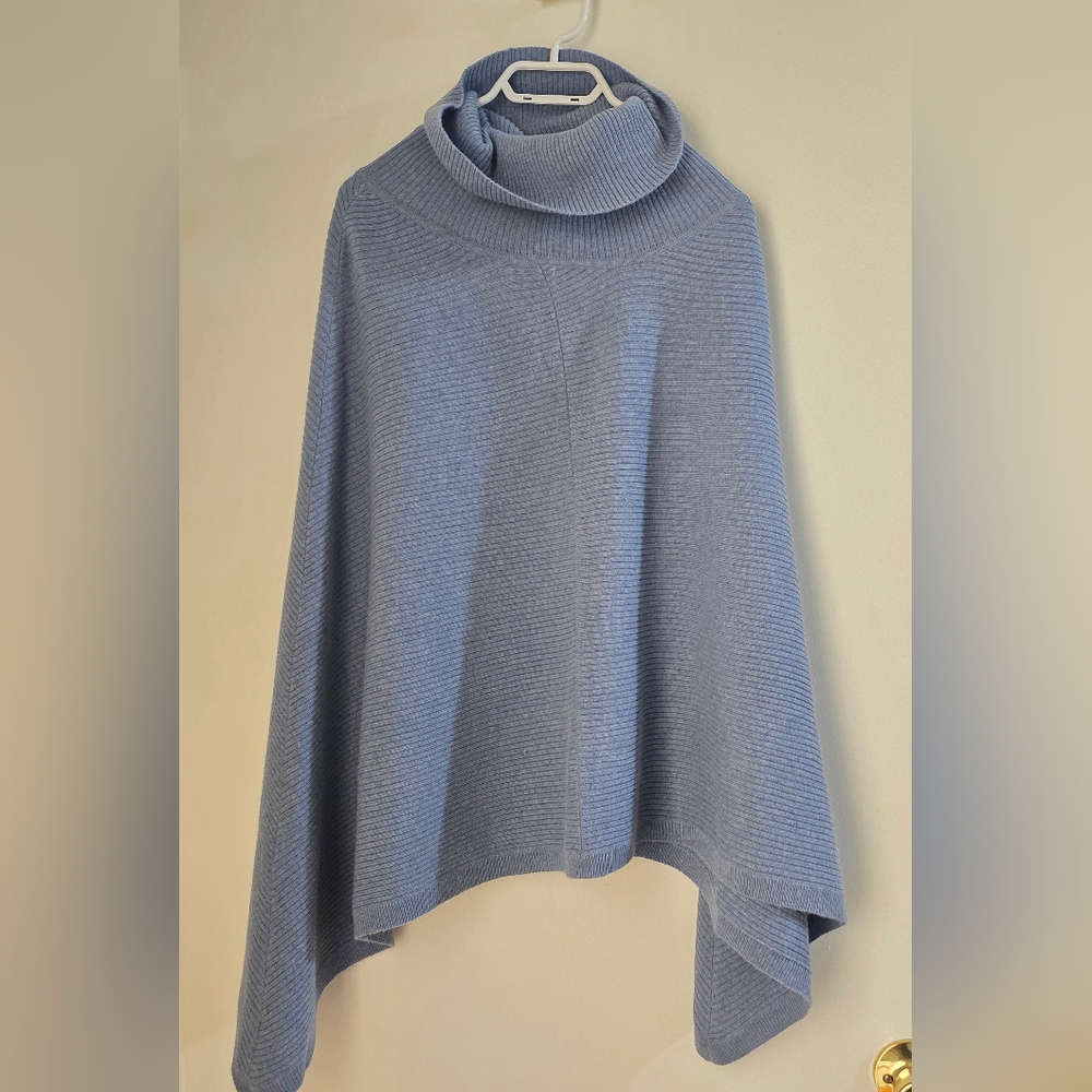 Snapdragon Blue Ribbed  Turtleneck Cashmere Puncho